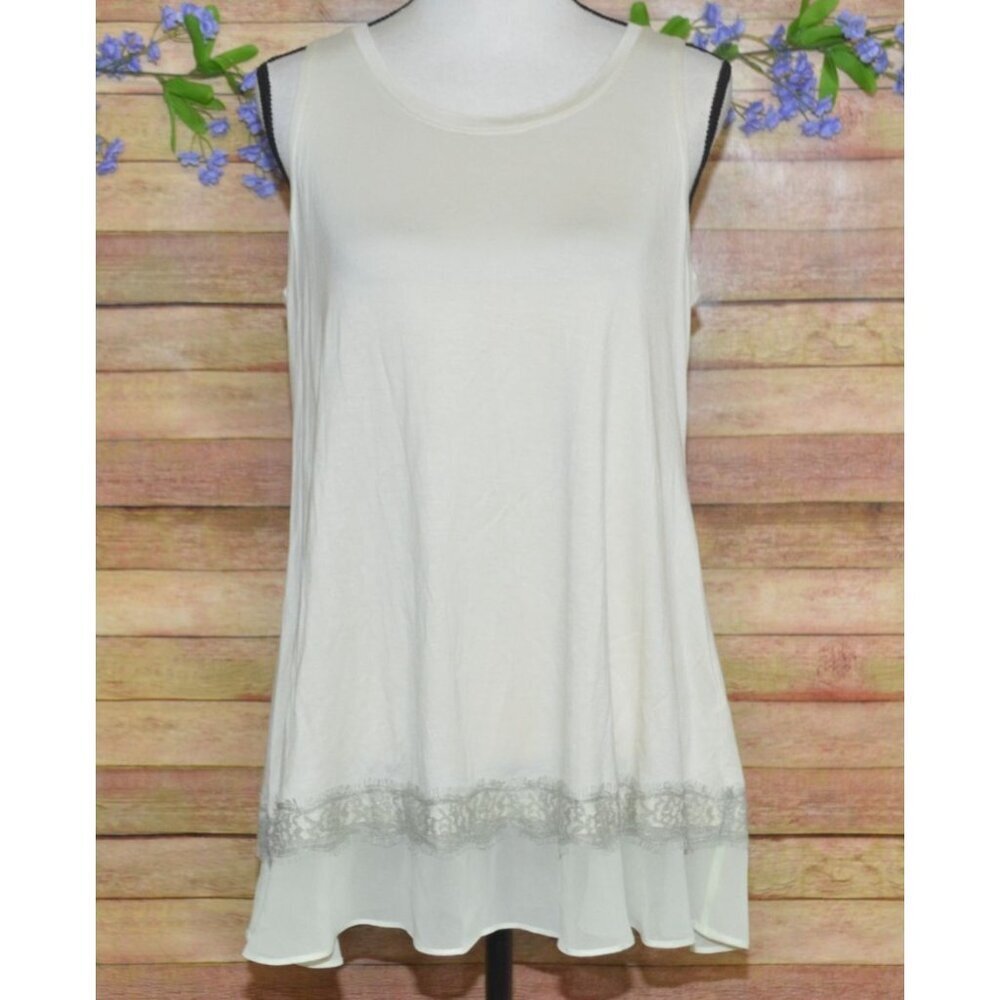 LOGO Layers Ladies Beige Pullover Tank Top Size M Lace Accent Sheer Hem